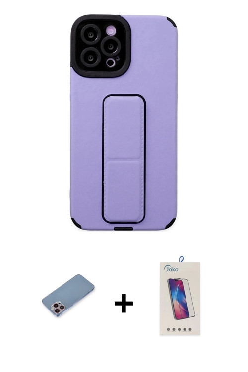 ieg™ iPhone 12 Pro Max Kılıf Çekirdek Yansıma - Siyah Joko 5D Cam + Pembe Shine Kamera Lens Koruma C