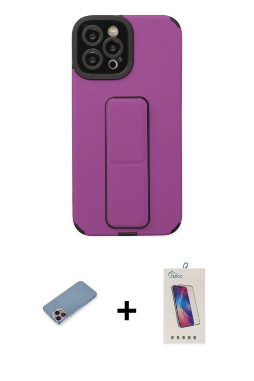 ieg™ iPhone 12 Pro Max Kılıf Çekirdek Yansıma - Siyah Joko 5D Cam + Pembe Shine Kamera Lens Koruma C