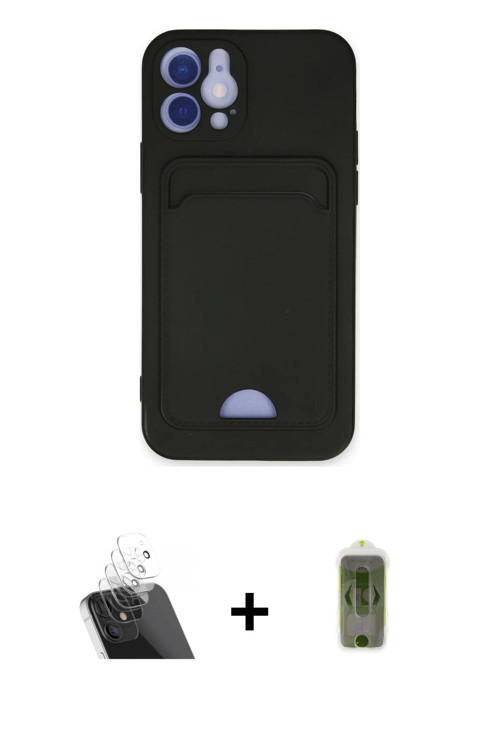 ieg™ iPhone 12 Kılıf Vadi Çizgi Prime - Siyah Joko Magic 5D Hayalet Cam + Şeffaf Kamera Lens Koruma
