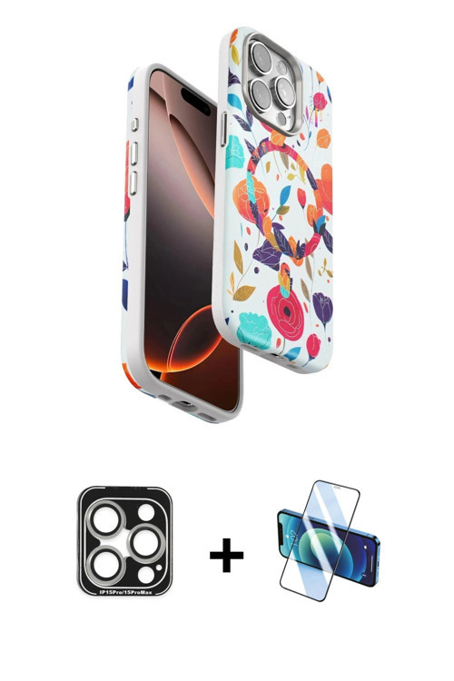 ieg™ iPhone 15 Pro Max Kılıf Siluet Doku - Siyah 3D Antistatik Seramik Nano Ekran Koruyucu + Gümüş P