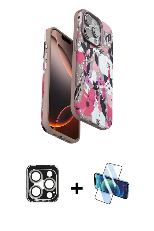 ieg™ iPhone 15 Pro Max Kılıf Siluet Doku - Siyah 3D Antistatik Seramik Nano Ekran Koruyucu + Gümüş P