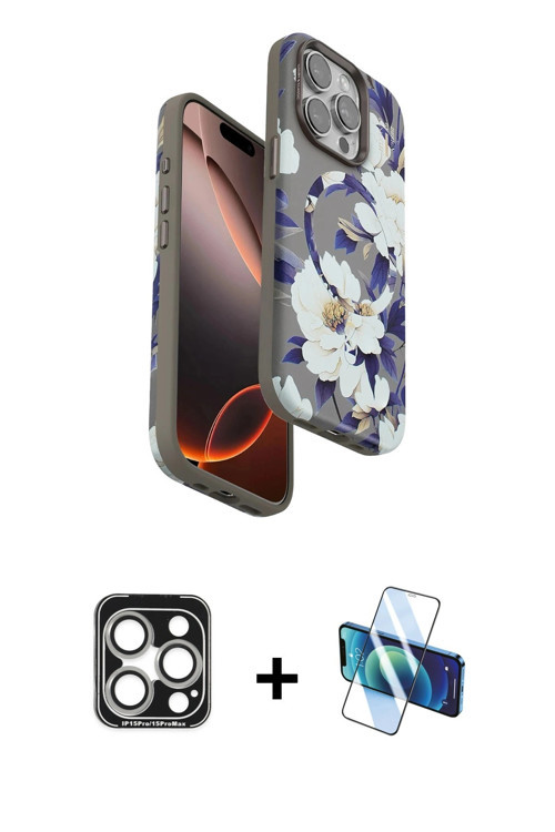 ieg™ iPhone 15 Pro Max Kılıf Siluet Doku - Siyah 3D Antistatik Seramik Nano Ekran Koruyucu + Gümüş P