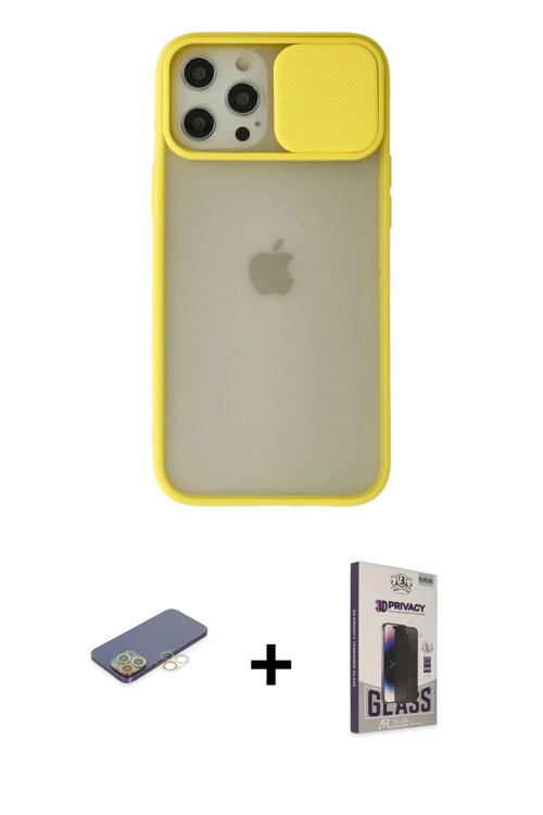 ieg™ iPhone 12 Pro Max Kılıf Vadi Çizgi - Siyah Bilvis Hayalet Cam Ekran Koruyucu + Sarı Renkli Kame