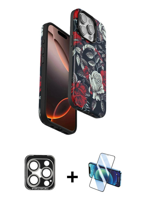 ieg™ iPhone 15 Pro Max Kılıf Siluet Doku - Siyah 3D Antistatik Seramik Nano Ekran Koruyucu + Gümüş P