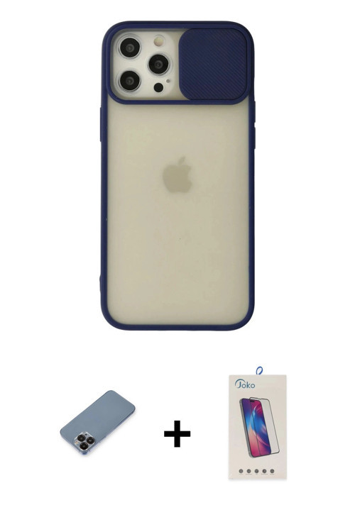 ieg™ iPhone 12 Pro Max Kılıf Vadi Çizgi - Siyah Joko 5D Cam + Siyah Metal Kamera Lens Koruma Cam
