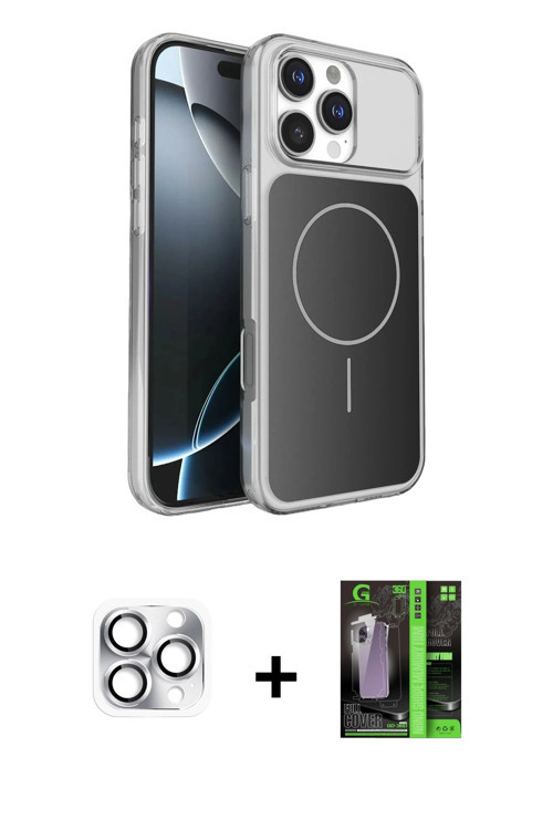 ieg™ iPhone 16 Pro Max Kılıf Kutup Doku Serisi - Şeffaf 360 Full Body Arka Koruyucu + Gümüş Pers Alü