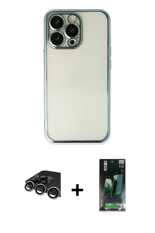 ieg™ iPhone 14 Pro Max Kılıf Vadi Minimal - Şeffaf 360 Full Body Arka Koruyucu + Gümüş Raze Metal Ka