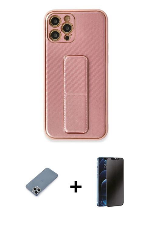 ieg™ iPhone 12 Pro Kılıf Yörünge Yansıma - Siyah 3D Antistatik Hayalet Cam Ekran Koruyucu + Gümüş Me