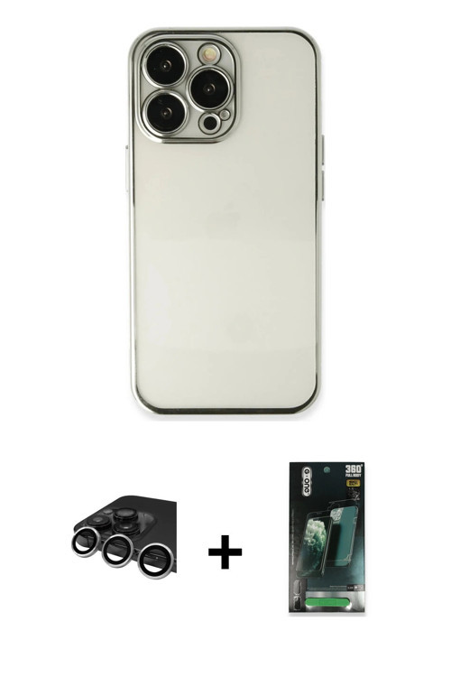 ieg™ iPhone 14 Pro Max Kılıf Vadi Minimal - Şeffaf 360 Full Body Arka Koruyucu + Gümüş Raze Metal Ka