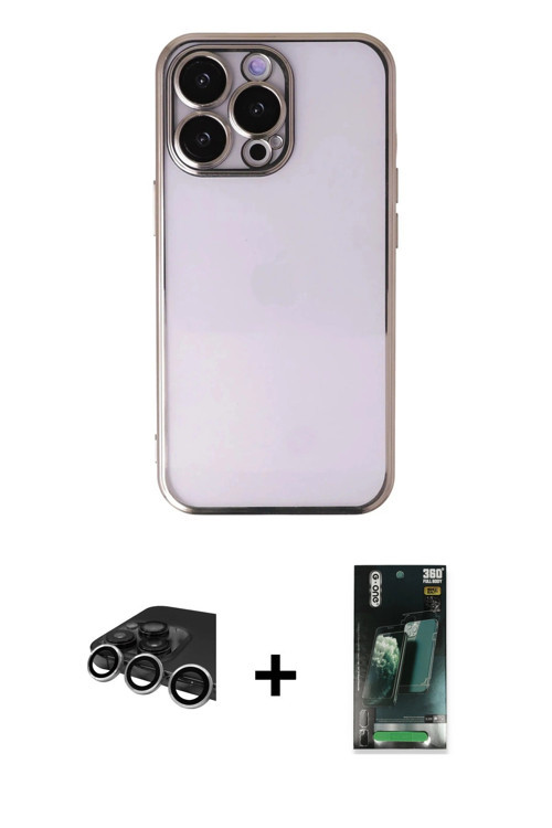 ieg™ iPhone 14 Pro Max Kılıf Vadi Minimal - Şeffaf 360 Full Body Arka Koruyucu + Gümüş Raze Metal Ka