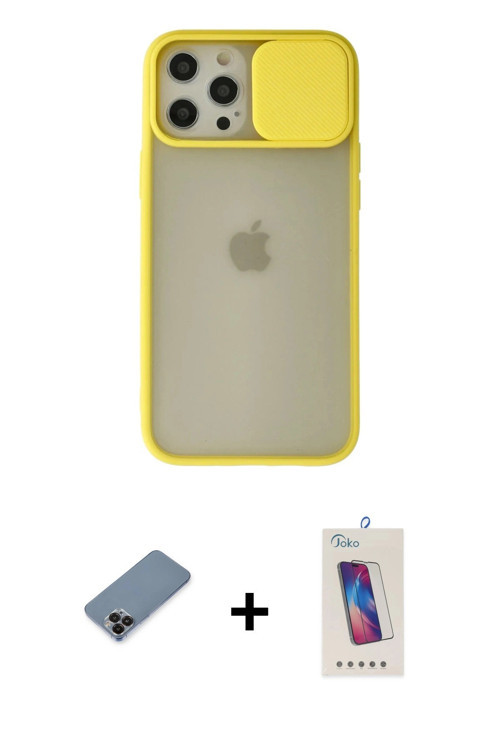 ieg™ iPhone 12 Pro Max Kılıf Vadi Çizgi - Siyah Joko 5D Cam + Siyah Metal Kamera Lens Koruma Cam