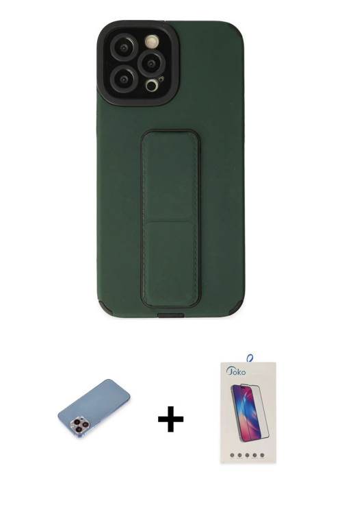 ieg™ iPhone 12 Pro Max Kılıf Çekirdek Yansıma - Siyah Joko 5D Cam + Pembe Shine Kamera Lens Koruma C