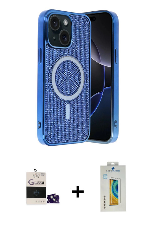 ieg™ iPhone 15 Kılıf Eksen Çizgi - Siyah Polymer Nano Ekran Koruyucu + Sierra Blue Bilvis Titan Kame