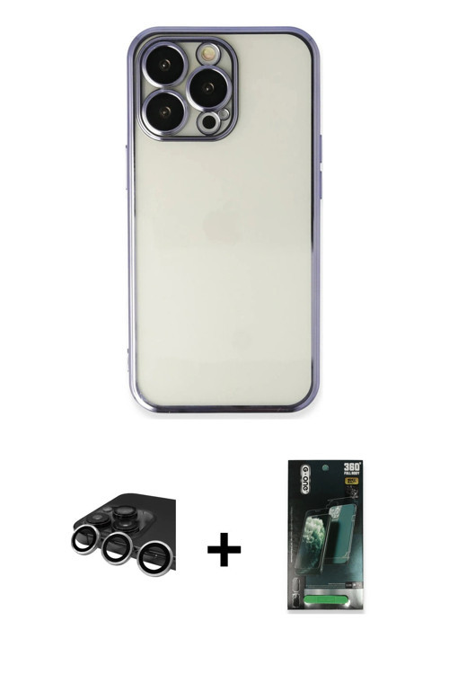 ieg™ iPhone 14 Pro Max Kılıf Vadi Minimal - Şeffaf 360 Full Body Arka Koruyucu + Gümüş Raze Metal Ka