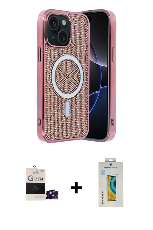 ieg™ iPhone 15 Kılıf Eksen Çizgi - Siyah Polymer Nano Ekran Koruyucu + Sierra Blue Bilvis Titan Kame
