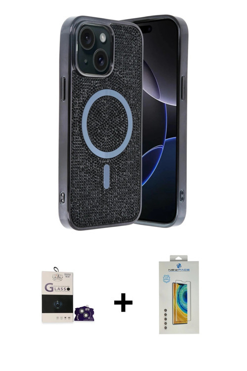 ieg™ iPhone 15 Kılıf Eksen Çizgi - Siyah Polymer Nano Ekran Koruyucu + Sierra Blue Bilvis Titan Kame