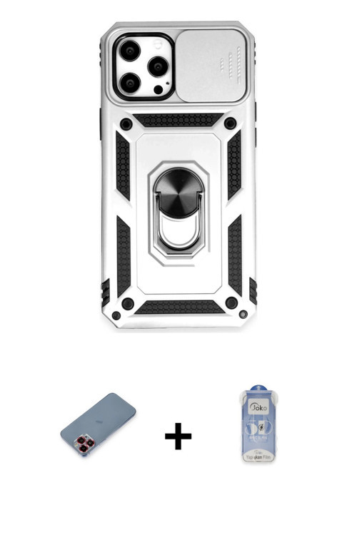ieg™ iPhone 12 Pro Max Kılıf Ahenk Klasik - Siyah Joko Magic 5D Cam + Kırmızı Metal Kamera Lens Koru