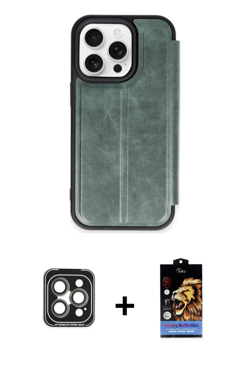 ieg™ iPhone 15 Pro Max Kılıf Zirve Yansıma Serisi - Siyah Buffer Hayalet Cam Ekran Koruyucu + Gri PV