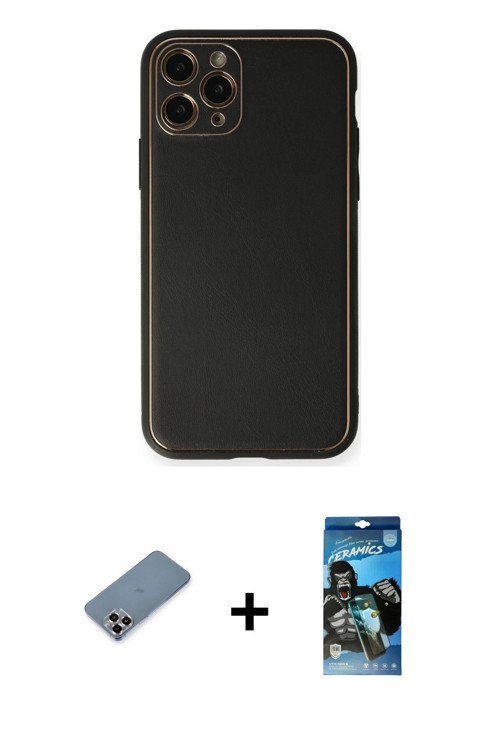 ieg™ iPhone 11 Pro Max Kılıf Yadigar Klasik - Siyah 34D Izgaralı Cam + Mor Metal Kamera Lens Koruma