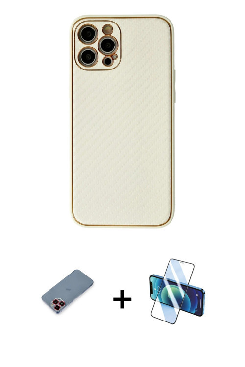ieg™ iPhone 12 Pro Max Kılıf Ahenk Işık - Siyah 3D Antistatik Cam Ekran Koruyucu + Kırmızı Metal Kam