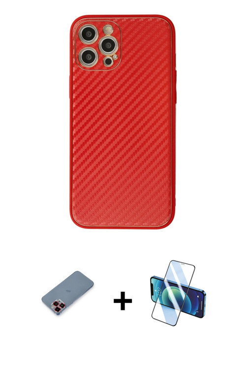 ieg™ iPhone 12 Pro Max Kılıf Ahenk Işık - Siyah 3D Antistatik Cam Ekran Koruyucu + Kırmızı Metal Kam