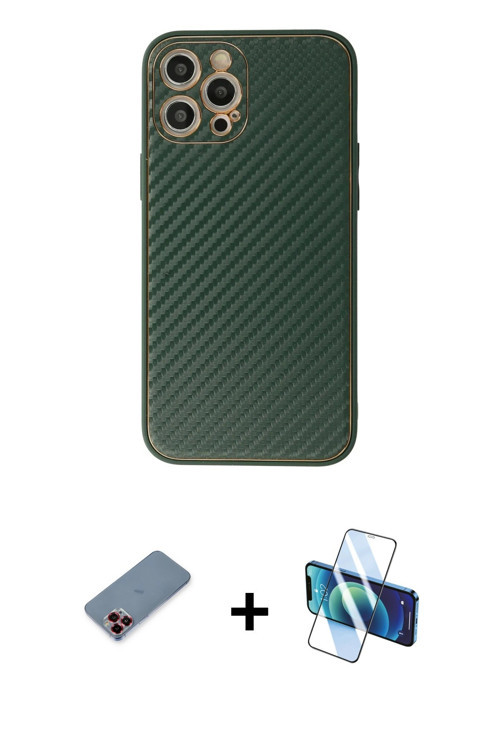 ieg™ iPhone 12 Pro Max Kılıf Ahenk Işık - Siyah 3D Antistatik Cam Ekran Koruyucu + Kırmızı Metal Kam