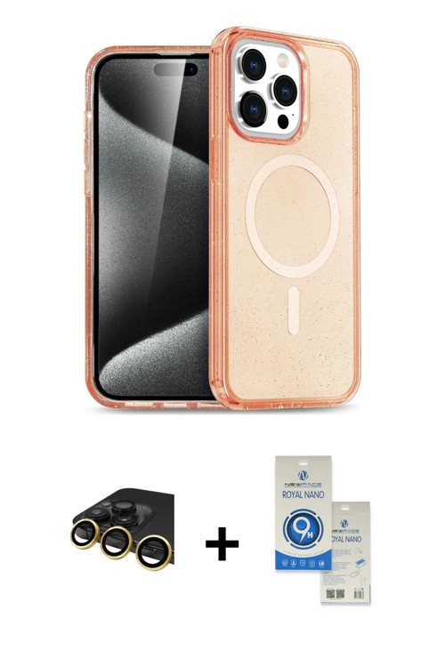 ieg™ iPhone 14 Pro Max Kılıf Eksen Doku Koleksiyonu - Şeffaf Royal Nano Ekran Koruyucu + Gold Raze M