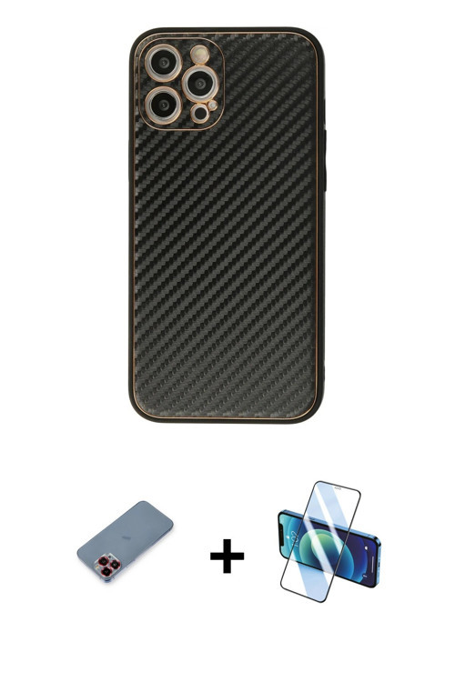 ieg™ iPhone 12 Pro Max Kılıf Ahenk Işık - Siyah 3D Antistatik Cam Ekran Koruyucu + Kırmızı Metal Kam