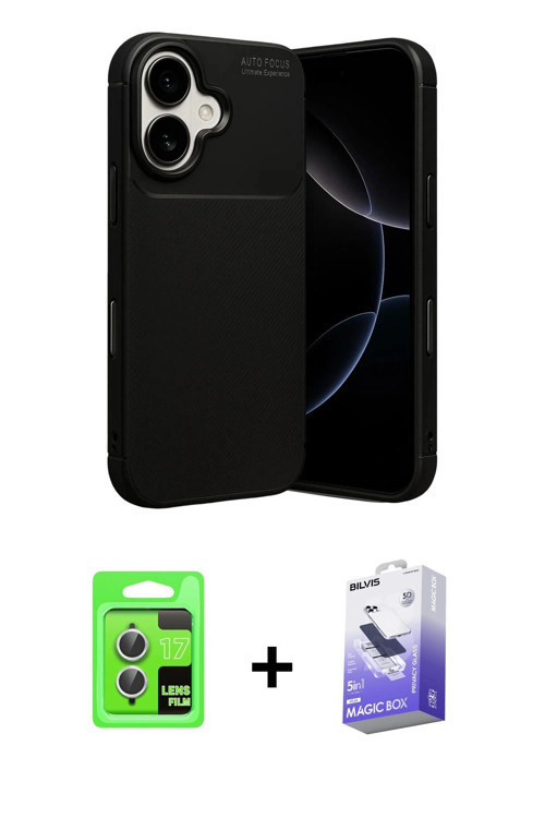 ieg™ iPhone 17 Kılıf Eksen Form Prime - Siyah Bilvis 5in1 5D Magic Hayalet Cam Ekran Koruyucu + Gümü