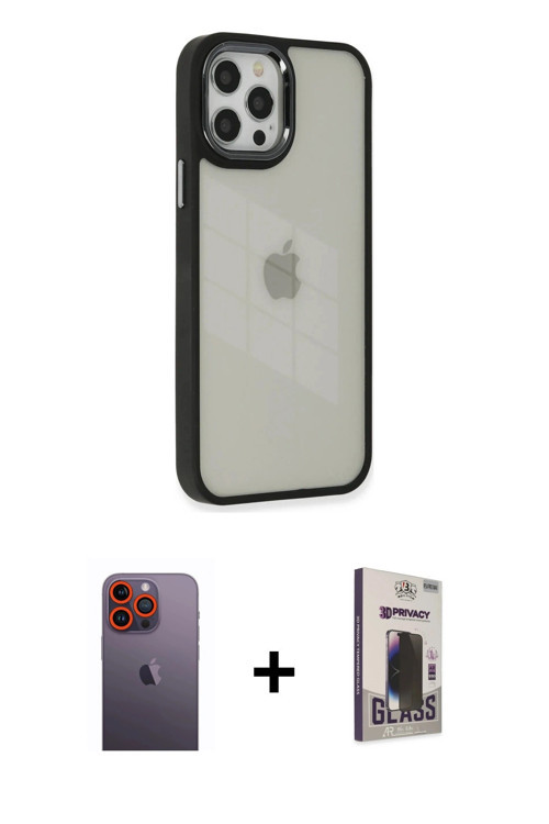 ieg™ iPhone 12 Pro Max Kılıf Eksen Doku Prime - Siyah Bilvis Hayalet Cam Ekran Koruyucu + Turuncu Ne