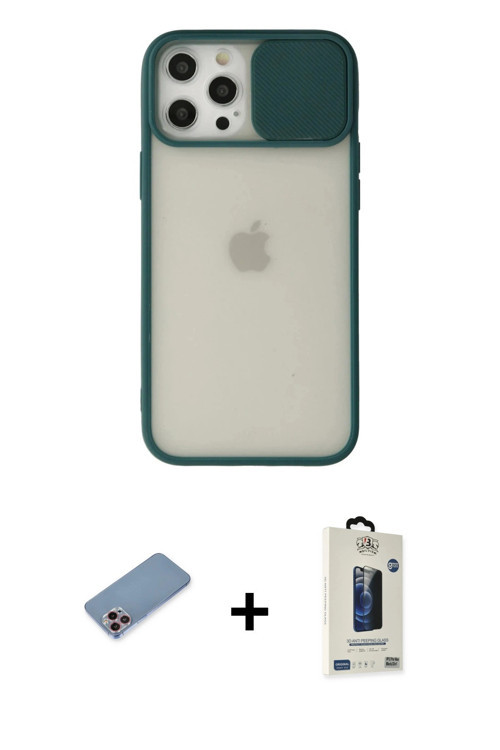 ieg™ iPhone 12 Pro Max Kılıf Vadi Çizgi - Siyah Bilvis Hayalet Cam Ekran Koruyucu + Pembe Shine Kame