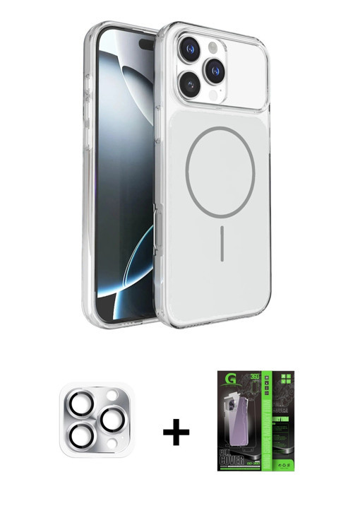 ieg™ iPhone 16 Pro Max Kılıf Kutup Doku Serisi - Şeffaf 360 Full Body Arka Koruyucu + Gümüş Pers Alü