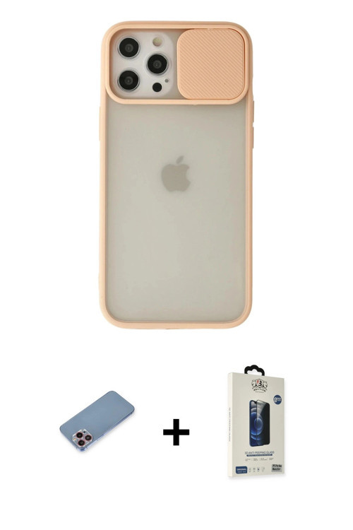 ieg™ iPhone 12 Pro Max Kılıf Vadi Çizgi - Siyah Bilvis Hayalet Cam Ekran Koruyucu + Pembe Shine Kame