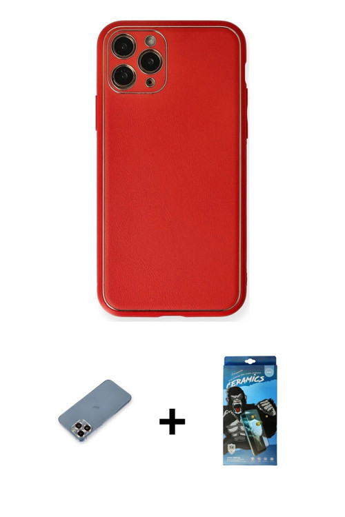 ieg™ iPhone 11 Pro Max Kılıf Yadigar Klasik - Siyah 34D Izgaralı Cam + Mor Metal Kamera Lens Koruma