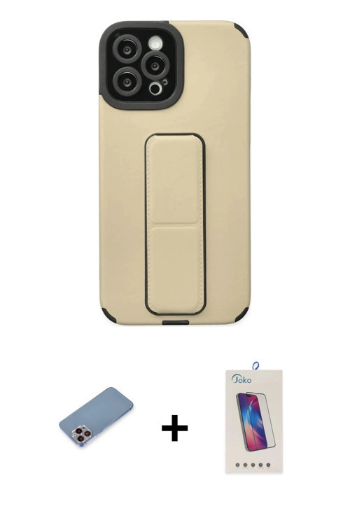 ieg™ iPhone 12 Pro Max Kılıf Çekirdek Yansıma - Siyah Joko 5D Cam + Pembe Shine Kamera Lens Koruma C