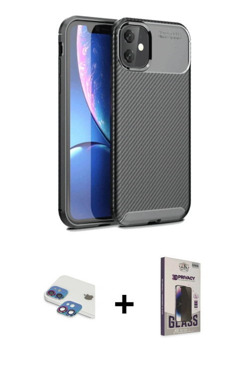 ieg™ iPhone 11 Kılıf Eksen Form Prime - Siyah Bilvis Hayalet Cam Ekran Koruyucu + Gökkuşağı Pers Alü