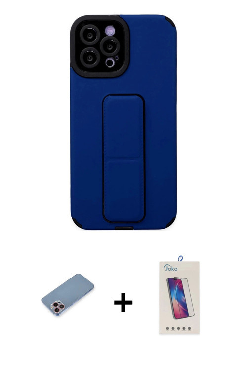 ieg™ iPhone 12 Pro Max Kılıf Çekirdek Yansıma - Siyah Joko 5D Cam + Pembe Shine Kamera Lens Koruma C