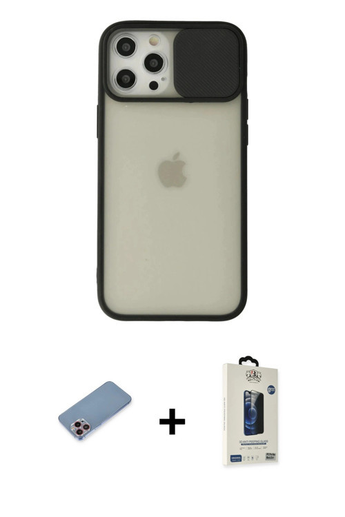 ieg™ iPhone 12 Pro Max Kılıf Vadi Çizgi - Siyah Bilvis Hayalet Cam Ekran Koruyucu + Pembe Shine Kame