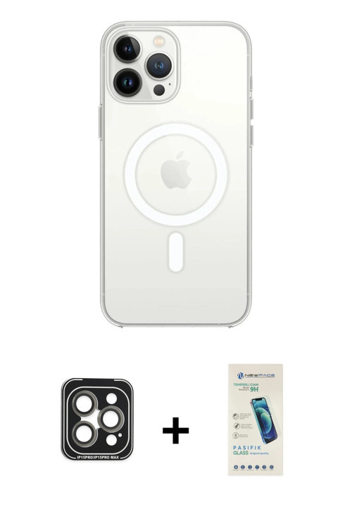 ieg™ iPhone 15 Pro Max Kılıf Ahenk Yansıma Prime - Şeffaf Pasifik Cam Ekran Koruyucu + Gri PVD Metal