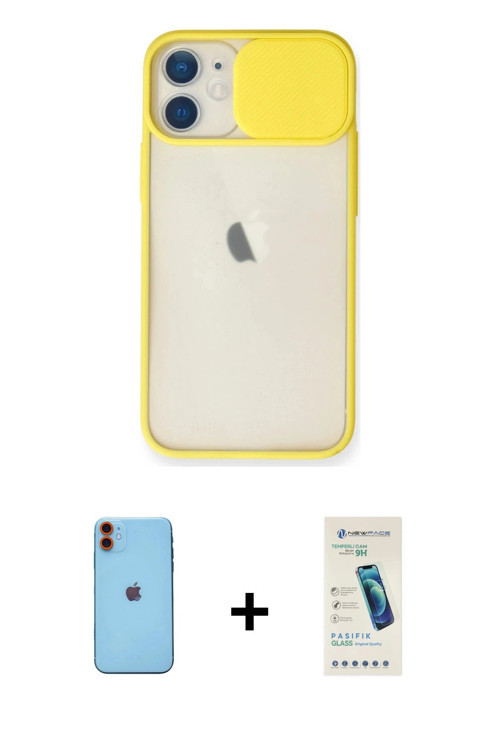 ieg™ iPhone 11 Kılıf Vadi Çizgi - Şeffaf Pasifik Cam Ekran Koruyucu + Turuncu Neon Fosforlu Kamera L