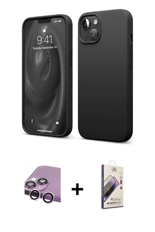 ieg™ iPhone 14 Kılıf Kozmos Yansıma Özel Seri - Siyah Bilvis 3D Mat Cam Ekran Koruyucu + Mor Raze Me