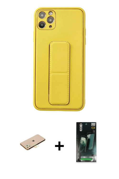 ieg™ iPhone 11 Pro Max Kılıf Akış Doku - Şeffaf 360 Full Body Arka Koruyucu + Sarı Renkli Kamera Len