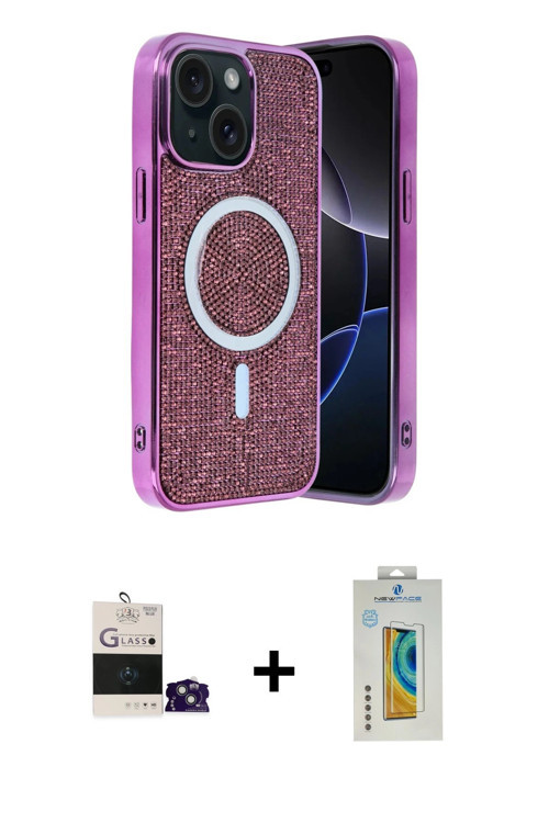 ieg™ iPhone 15 Kılıf Eksen Çizgi - Siyah Polymer Nano Ekran Koruyucu + Sierra Blue Bilvis Titan Kame