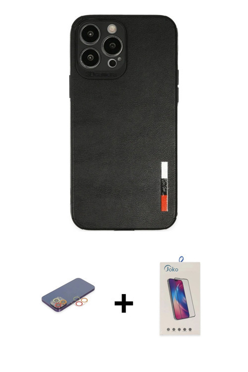 ieg™ iPhone 13 Pro Max Kılıf Doruk Asil Koleksiyonu - Siyah Joko 5D Cam + Turuncu Renkli Kamera Lens