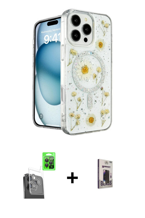 ieg™ iPhone 16 Pro Kılıf Kozmos Doku - Siyah Bilvis Hayalet Cam Ekran Koruyucu + Siyah Raze Metal Ka