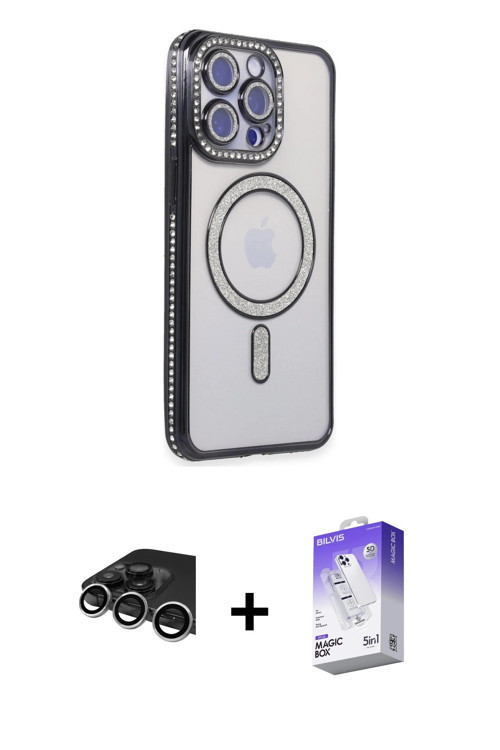ieg™ iPhone 14 Pro Max Kılıf Zirve Doku Prime - Siyah Bilvis 5in1 3D Magic Cam Ekran Koruyucu + Gümü