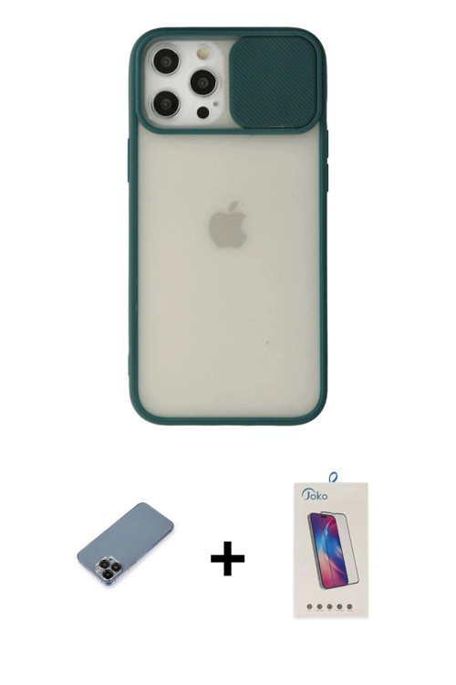 ieg™ iPhone 12 Pro Max Kılıf Vadi Çizgi - Siyah Joko 5D Cam + Siyah Metal Kamera Lens Koruma Cam