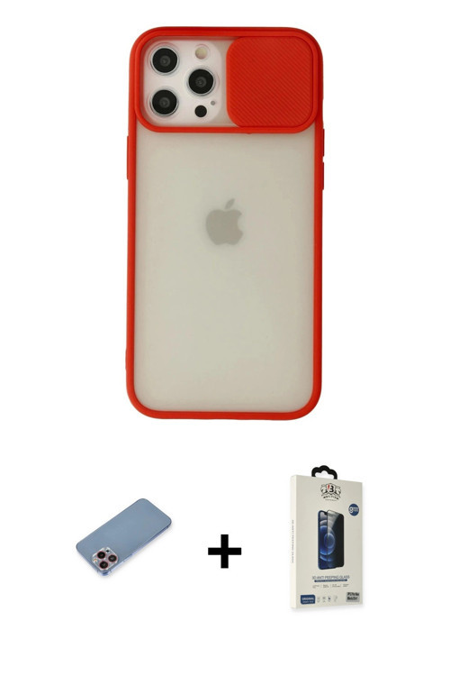 ieg™ iPhone 12 Pro Max Kılıf Vadi Çizgi - Siyah Bilvis Hayalet Cam Ekran Koruyucu + Pembe Shine Kame