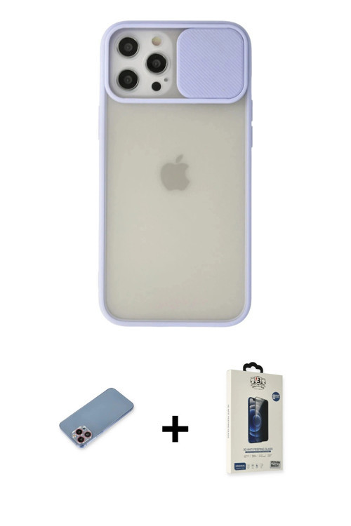 ieg™ iPhone 12 Pro Max Kılıf Vadi Çizgi - Siyah Bilvis Hayalet Cam Ekran Koruyucu + Pembe Shine Kame