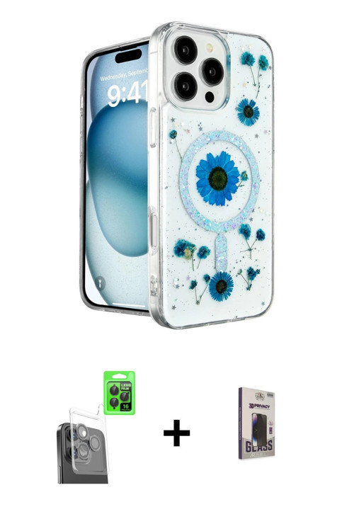 ieg™ iPhone 16 Pro Kılıf Kozmos Doku - Siyah Bilvis Hayalet Cam Ekran Koruyucu + Siyah Raze Metal Ka